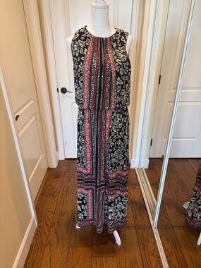 London Times Black Maxi Dress with Red & Cream Print